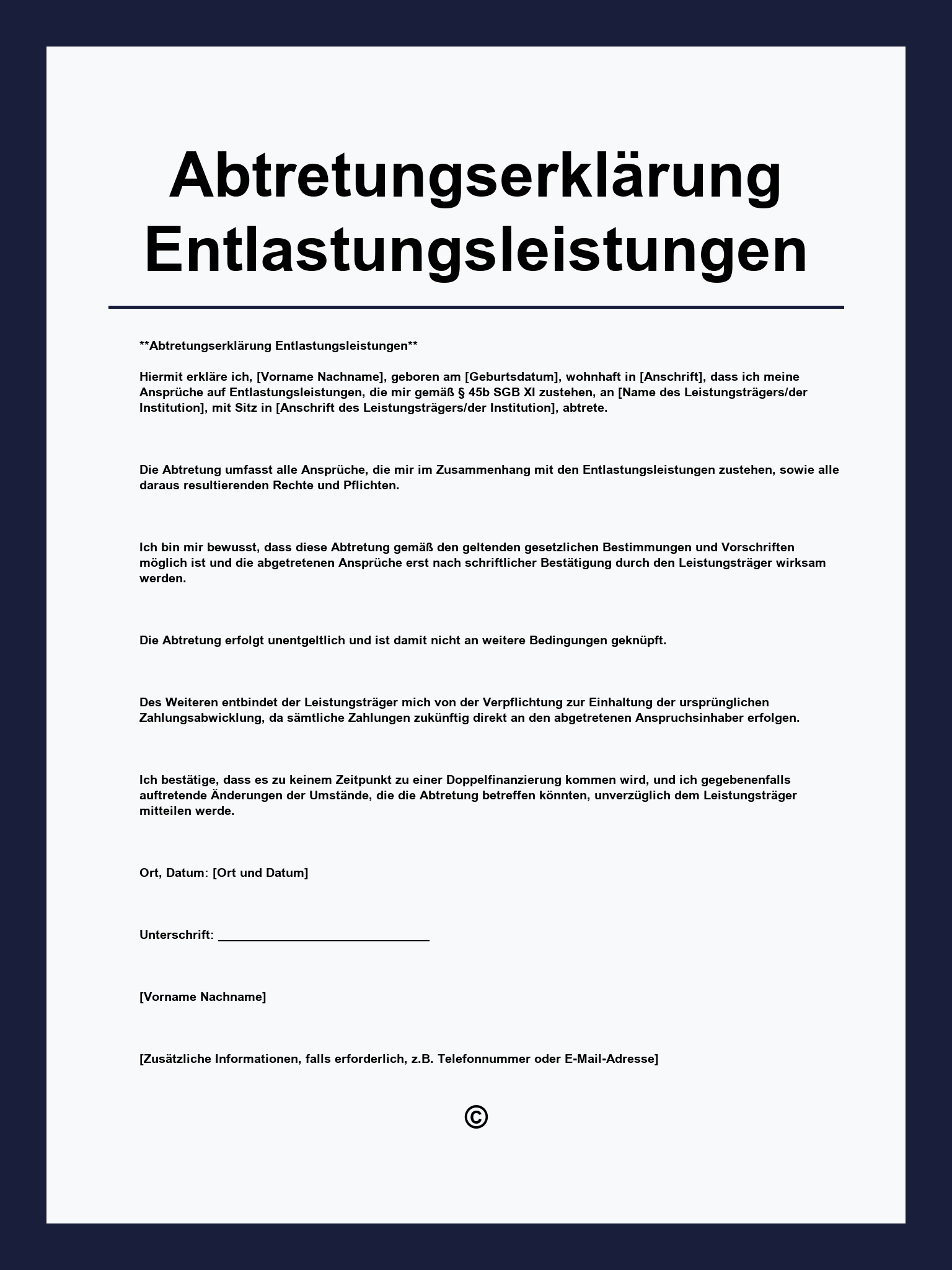 Abtretungserklärung Entlastungsleistungen Muster