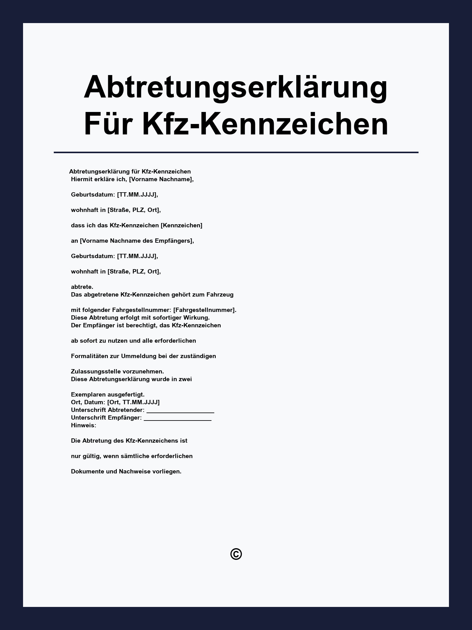 Abtretungserklärung Für Kfz-Kennzeichen