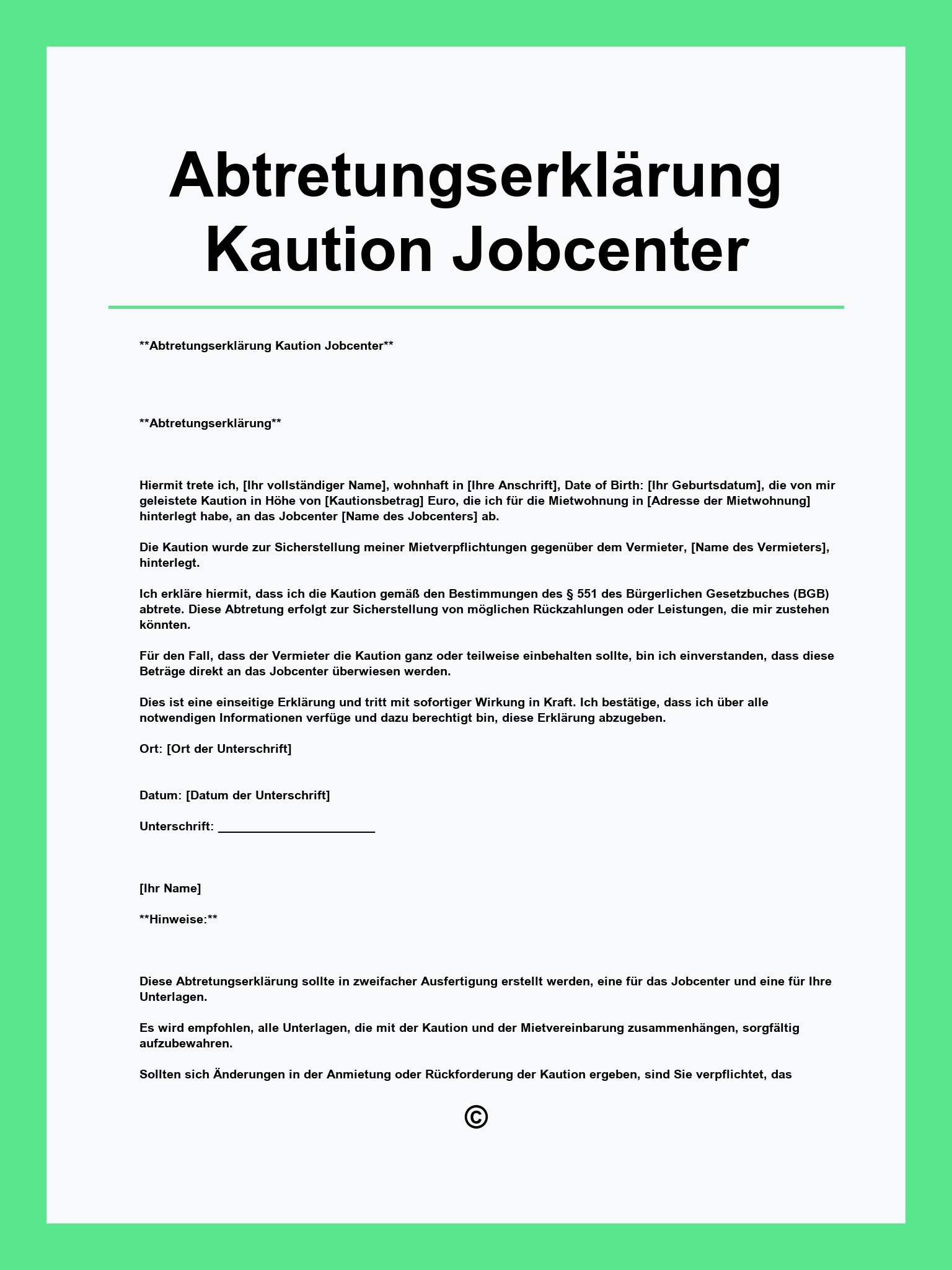 Abtretungserklärung Kaution Jobcenter