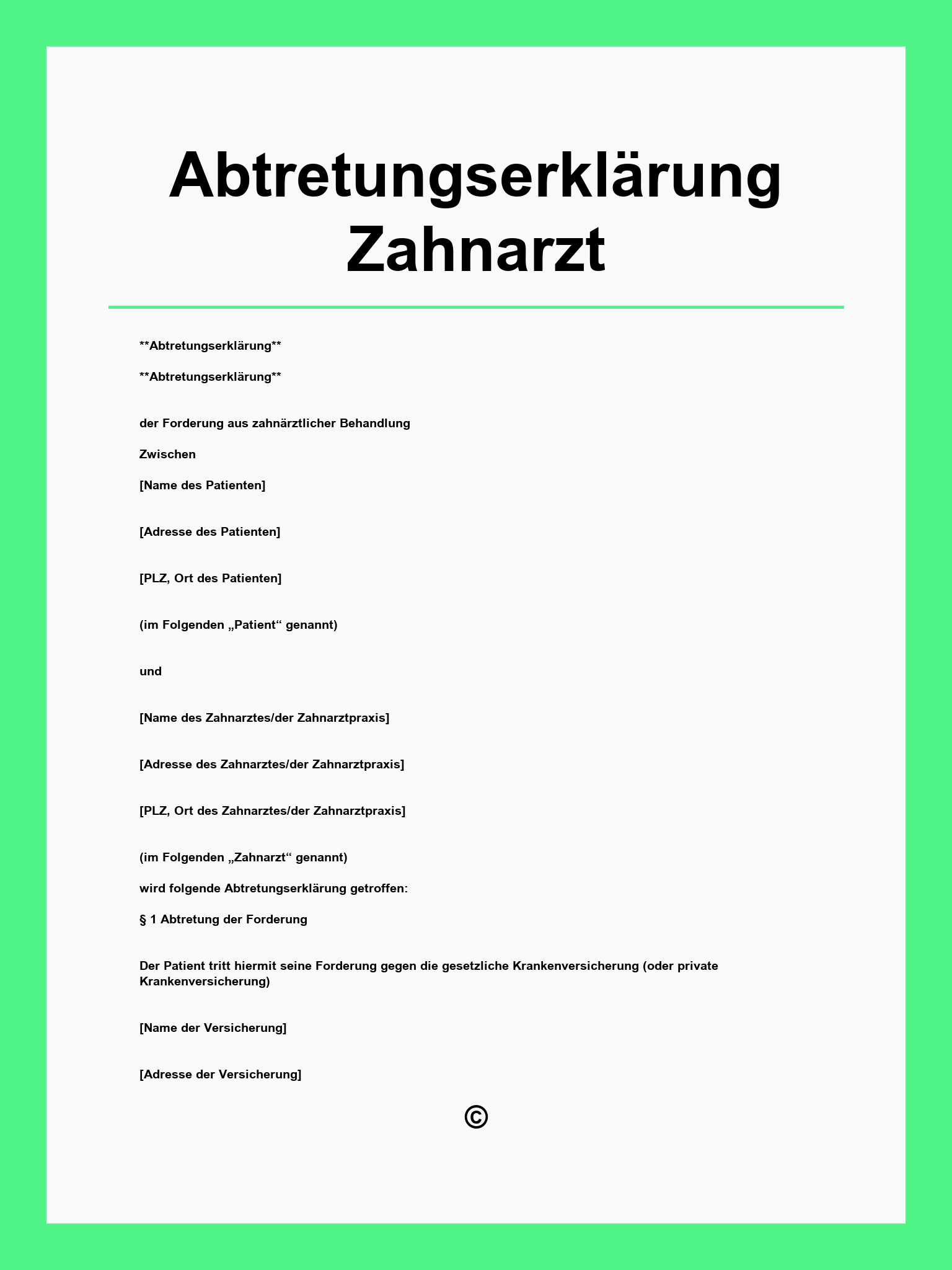 Abtretungserklärung Zahnarzt Muster