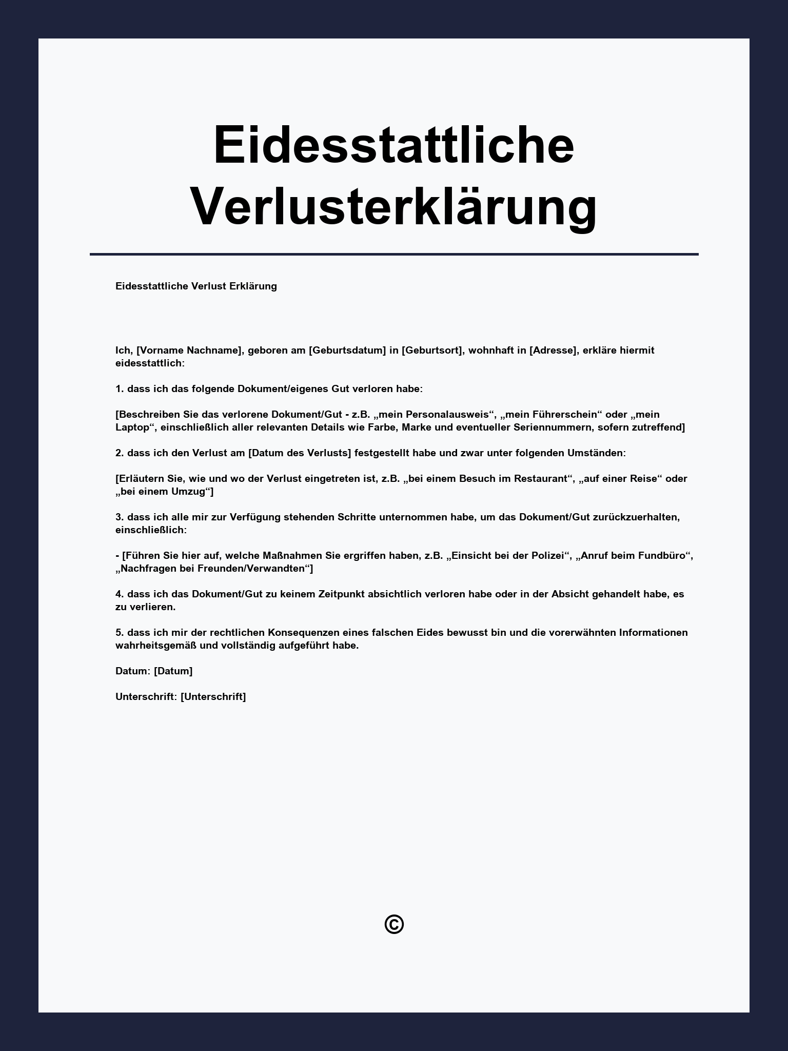 Eidesstattliche Verlusterklärung Muster