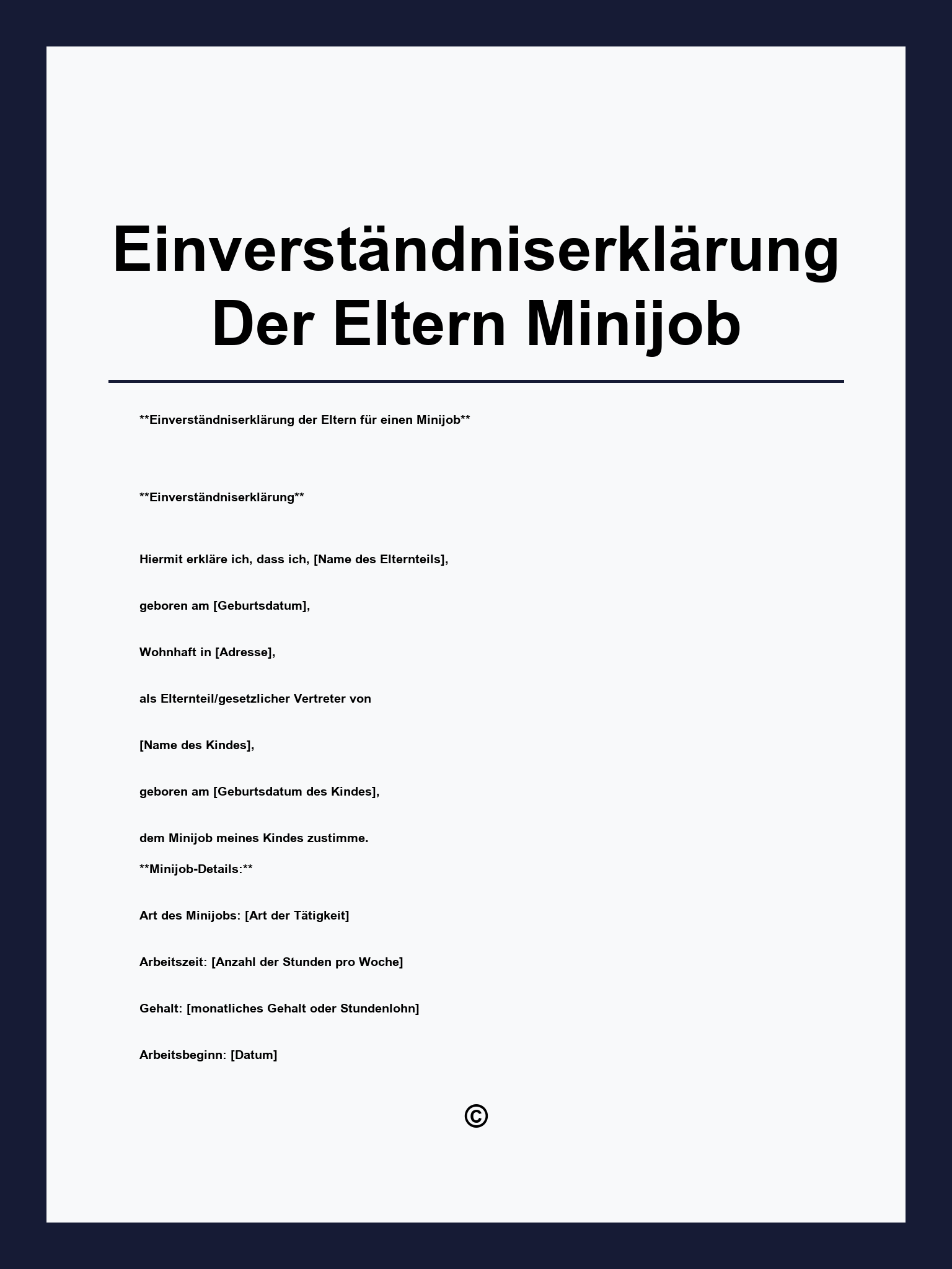 Einverständniserklärung Der Eltern Minijob Vorlage