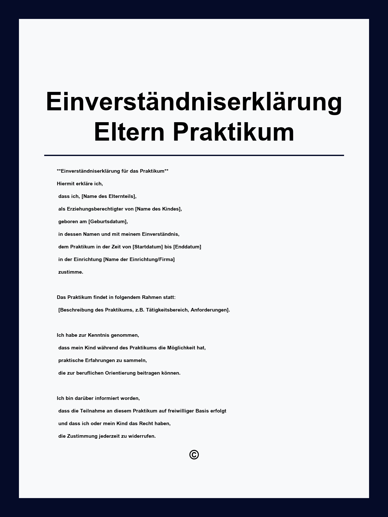 Einverständniserklärung Eltern Praktikum Vorlage