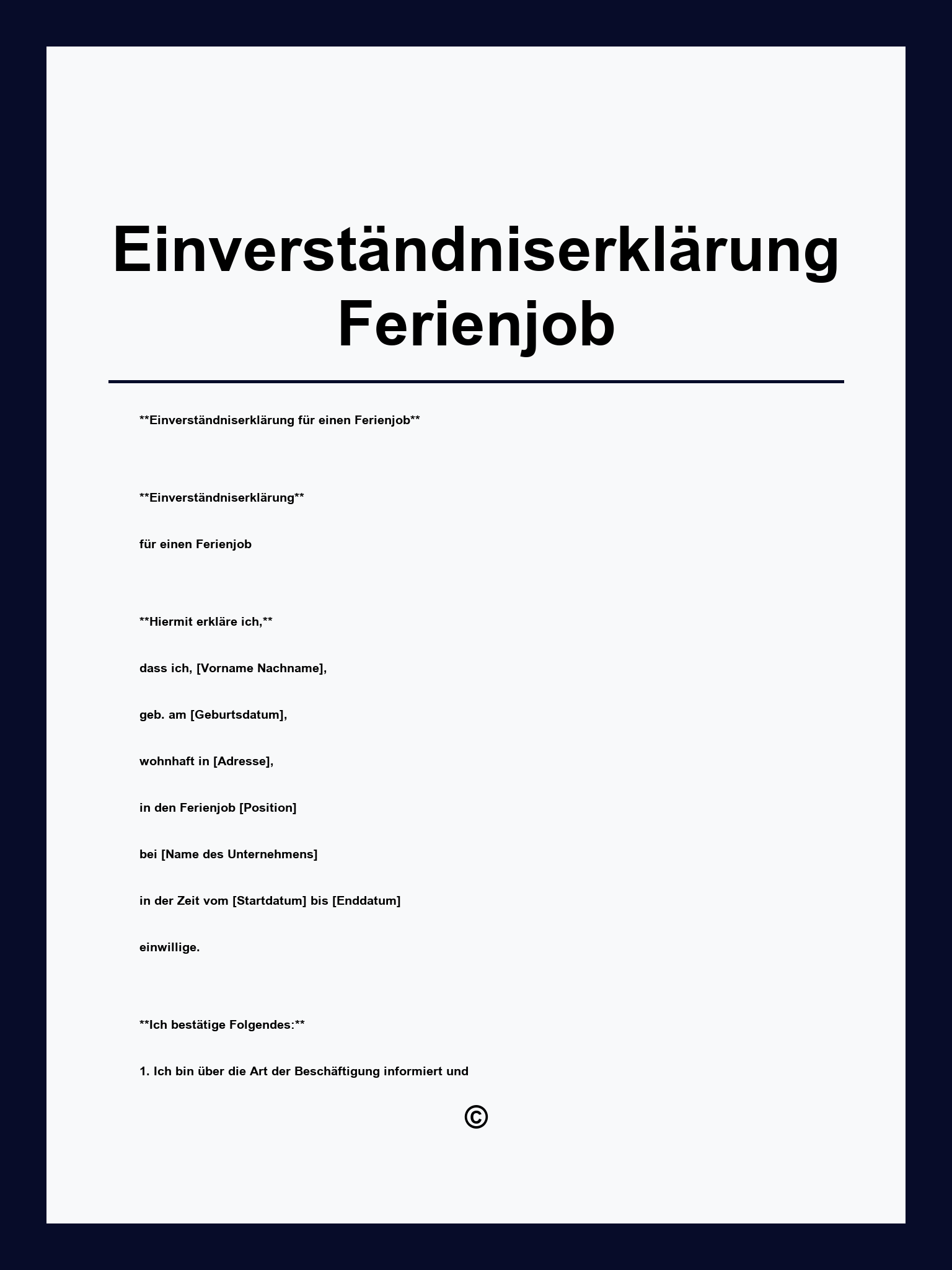 Einverständniserklärung Ferienjob Vorlage