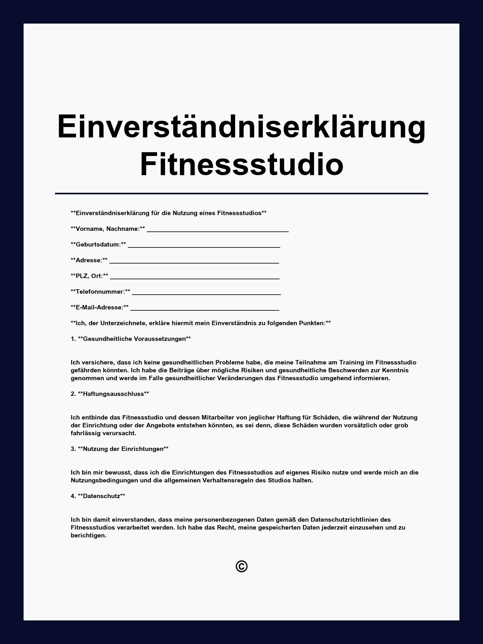 Einverständniserklärung Fitnessstudio