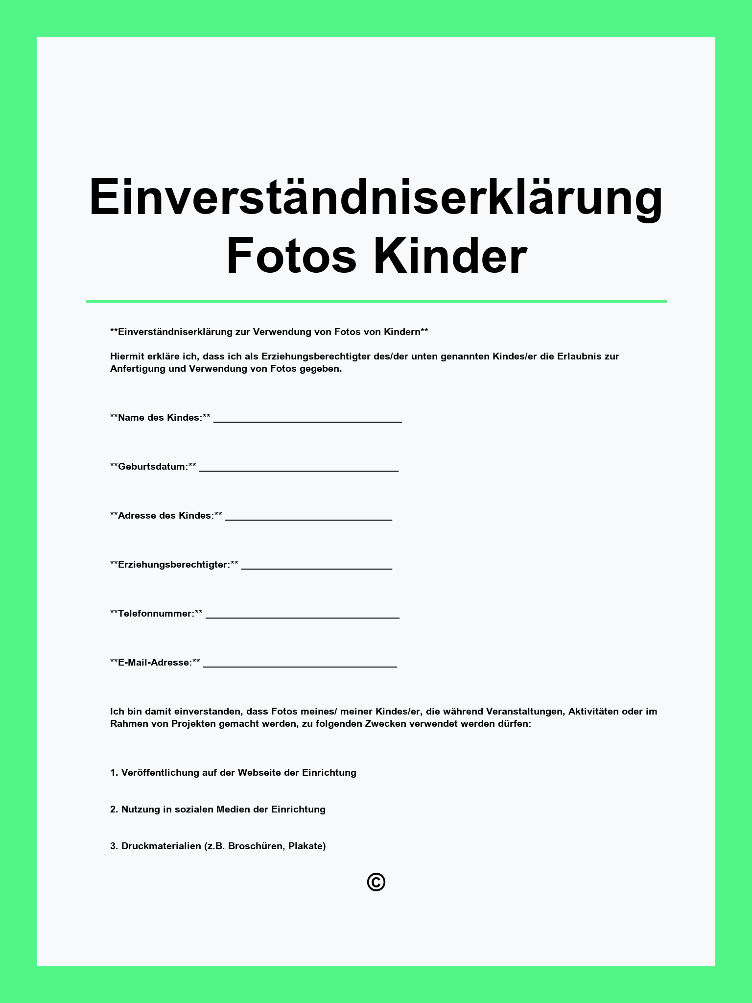Einverständniserklärung Fotos Kinder Muster