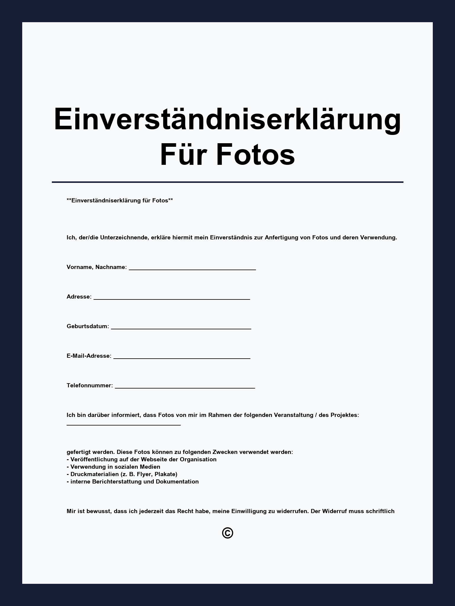 Einverständniserklärung Für Fotos Vorlage