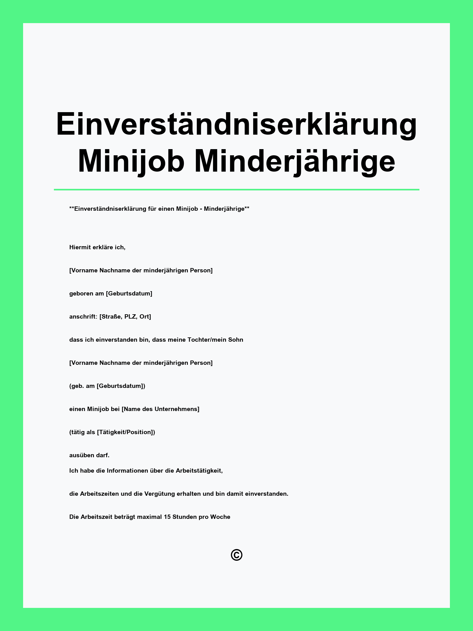 Einverständniserklärung Minijob Minderjährige