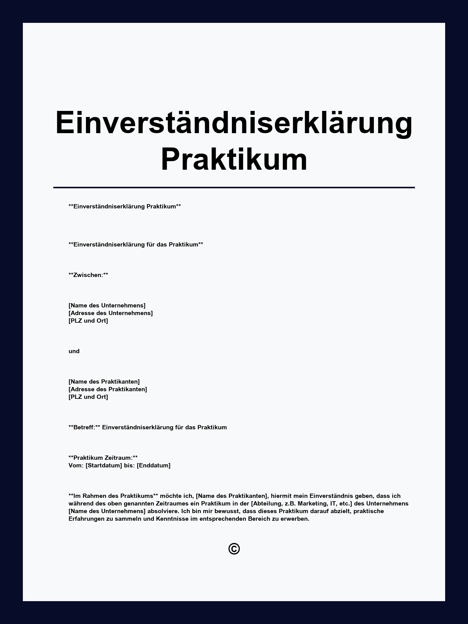 Einverständniserklärung Praktikum Vorlage