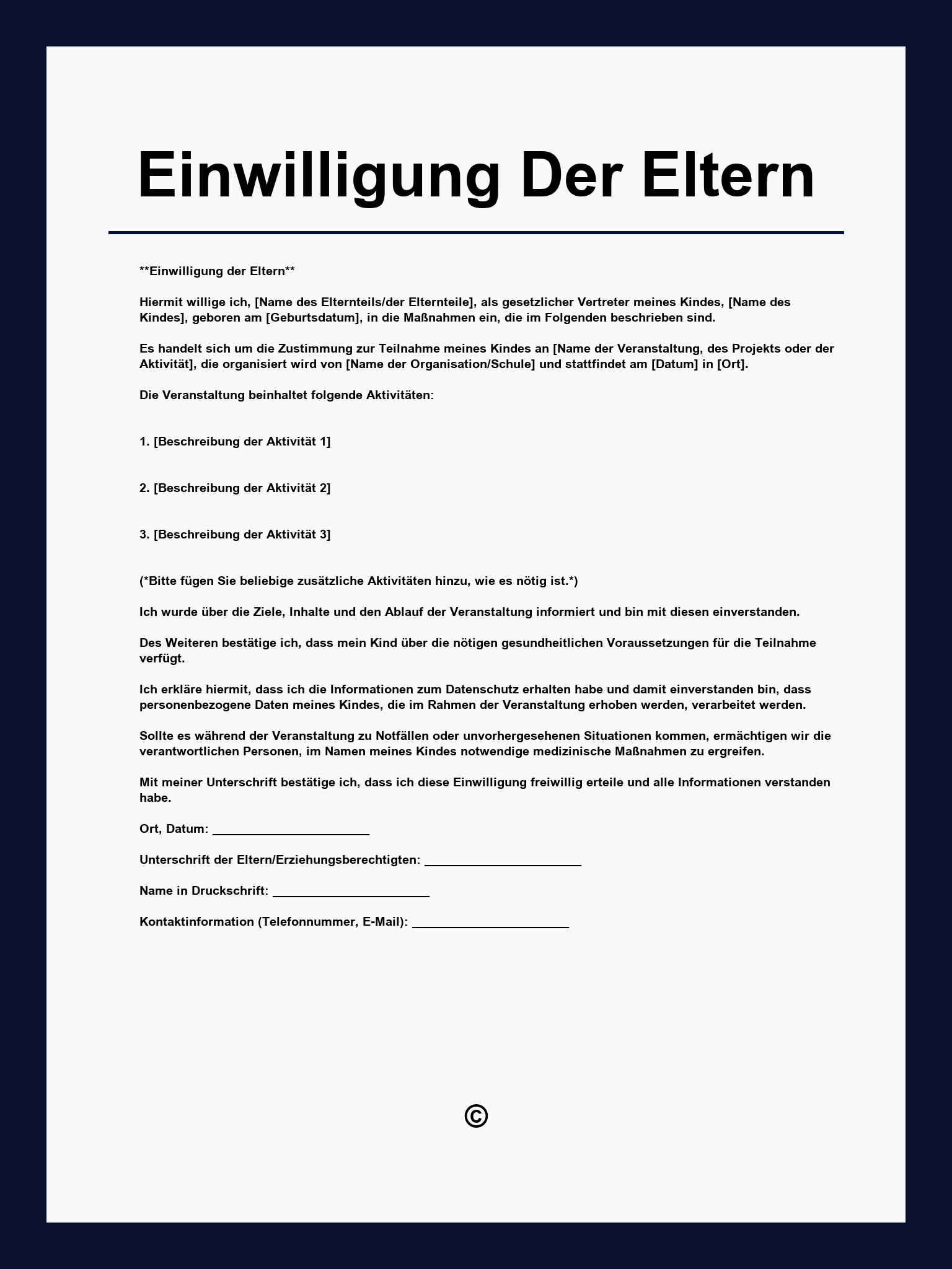 Einwilligung Der Eltern Muster