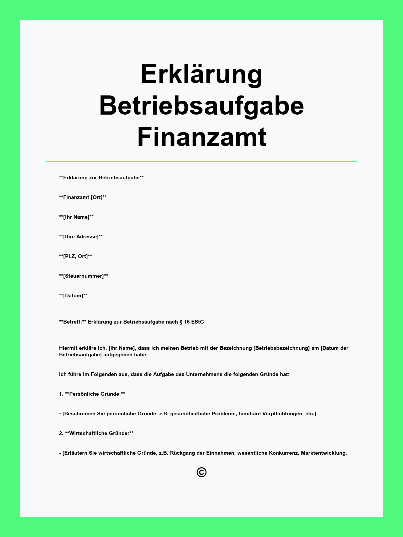 Erklärung Betriebsaufgabe Finanzamt Muster
