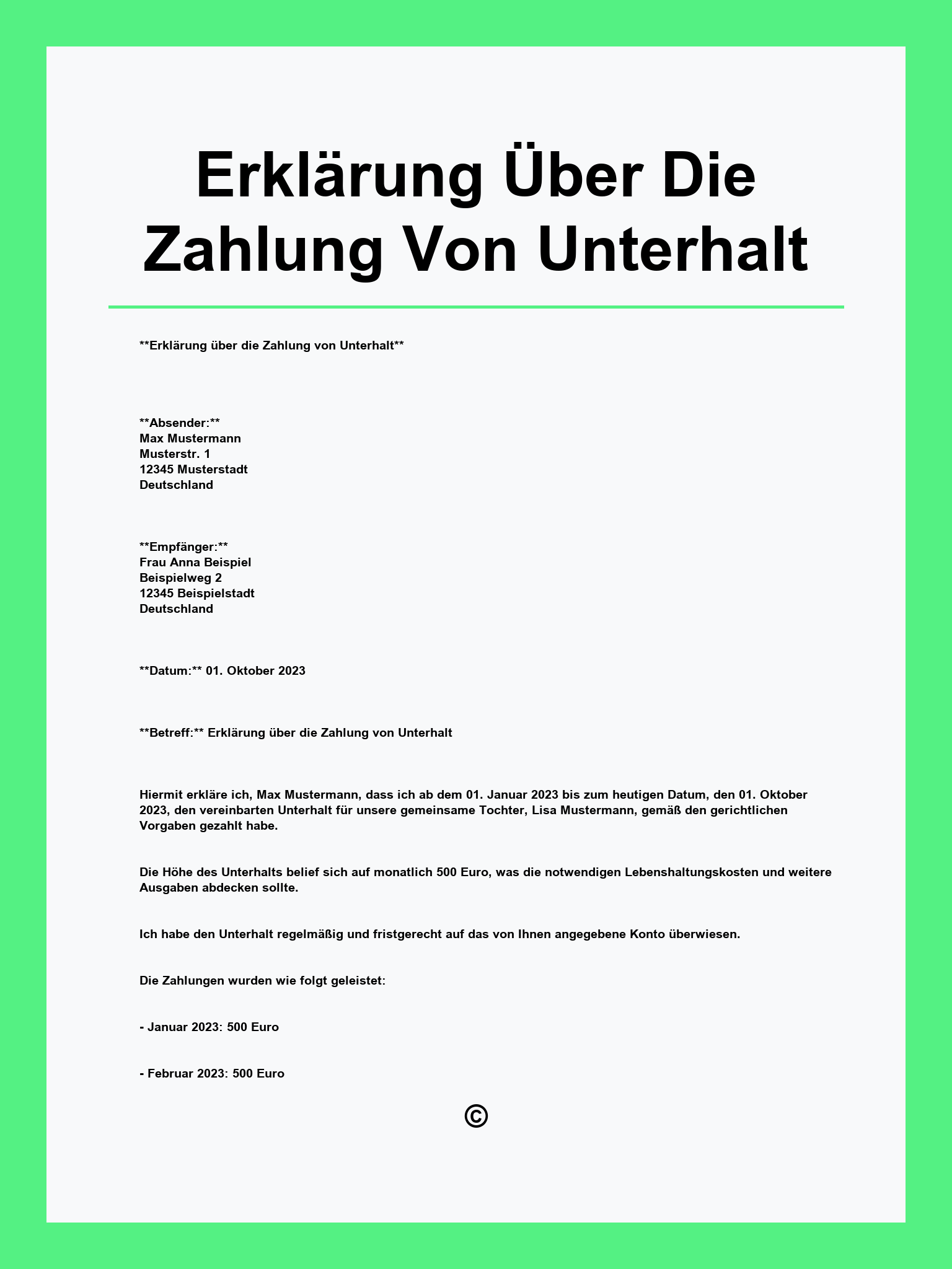 Erklärung Über Die Zahlung Von Unterhalt