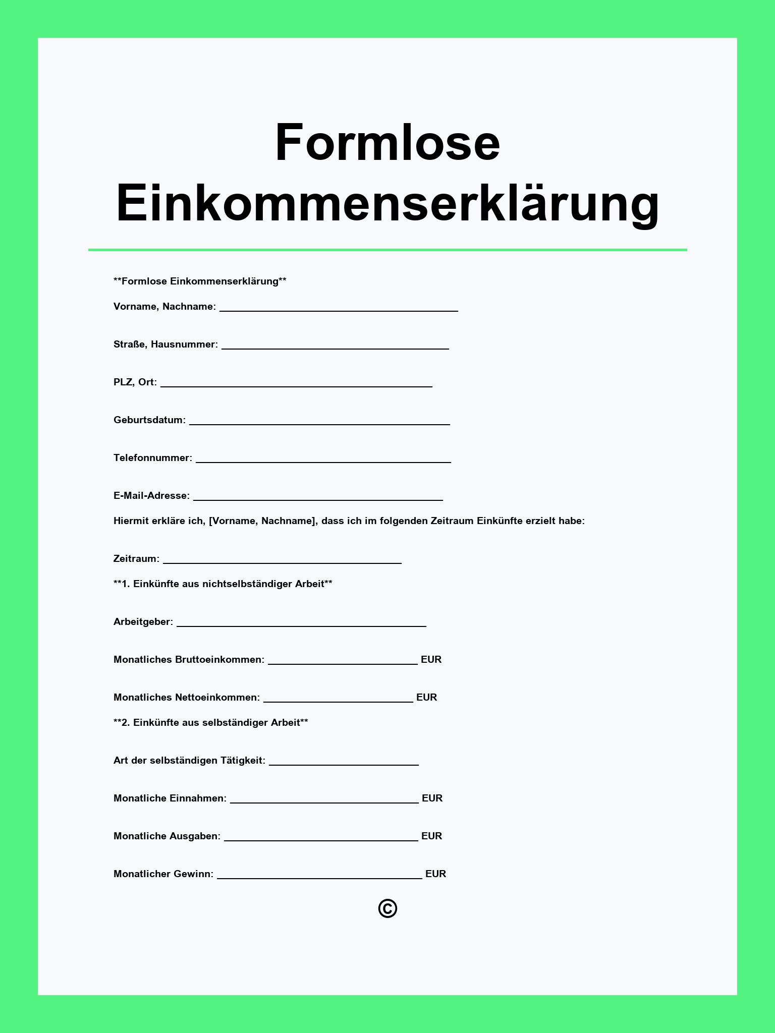 Formlose Einkommenserklärung Muster