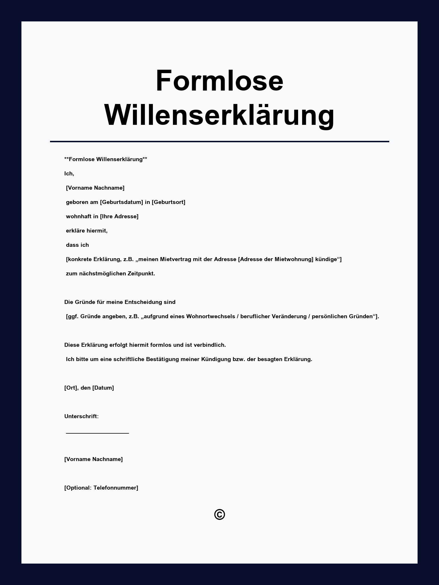 Formlose Willenserklärung Vorlage