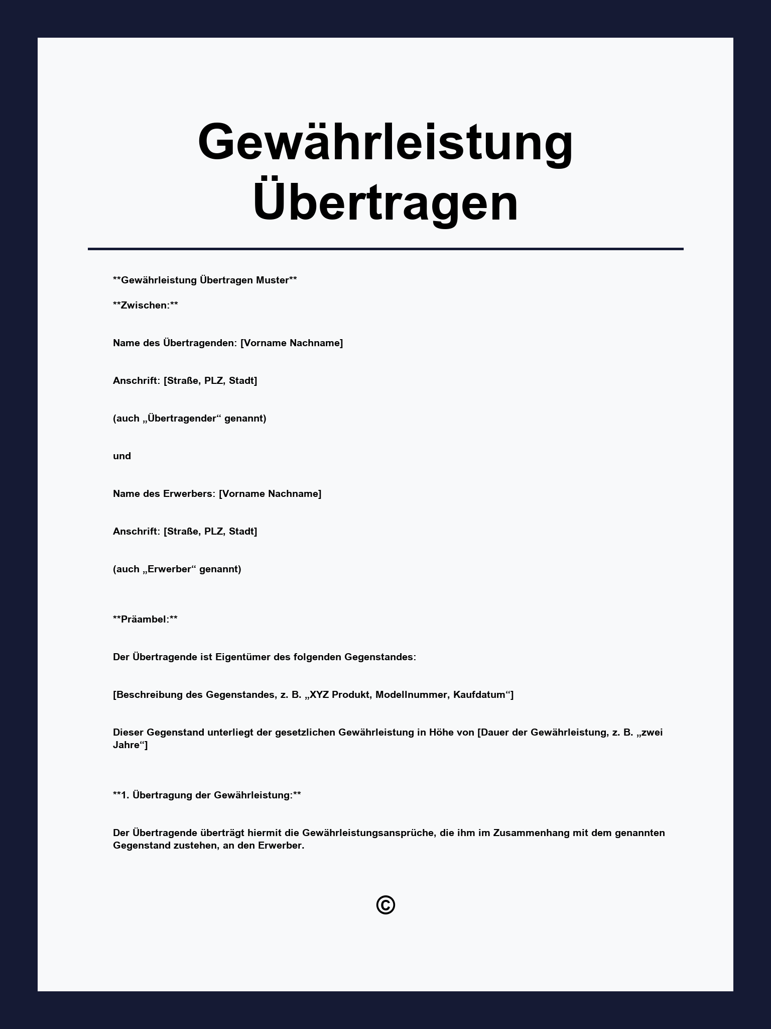 Gewährleistung Übertragen Vorlage