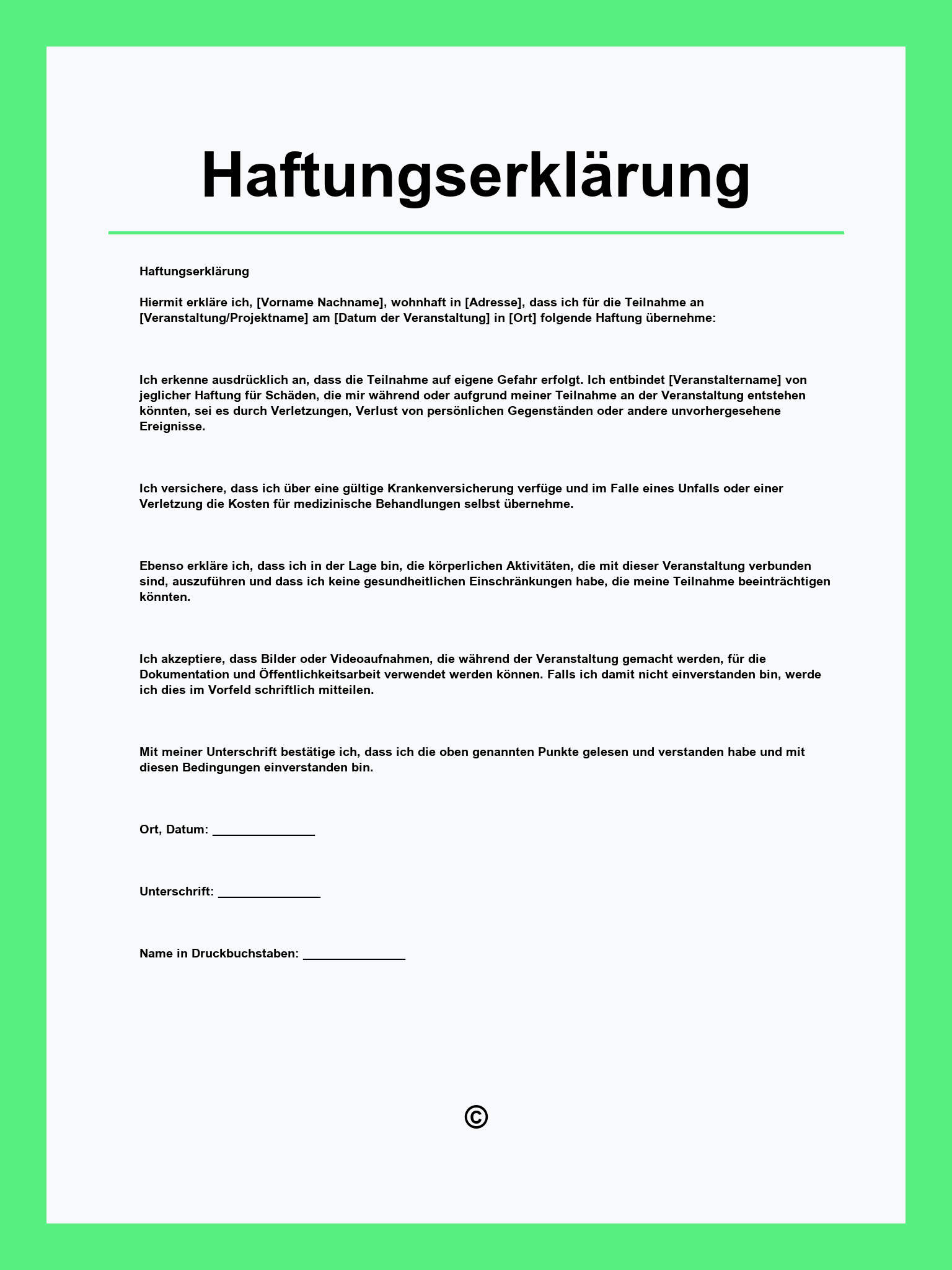 Haftungserklärung Vorlage