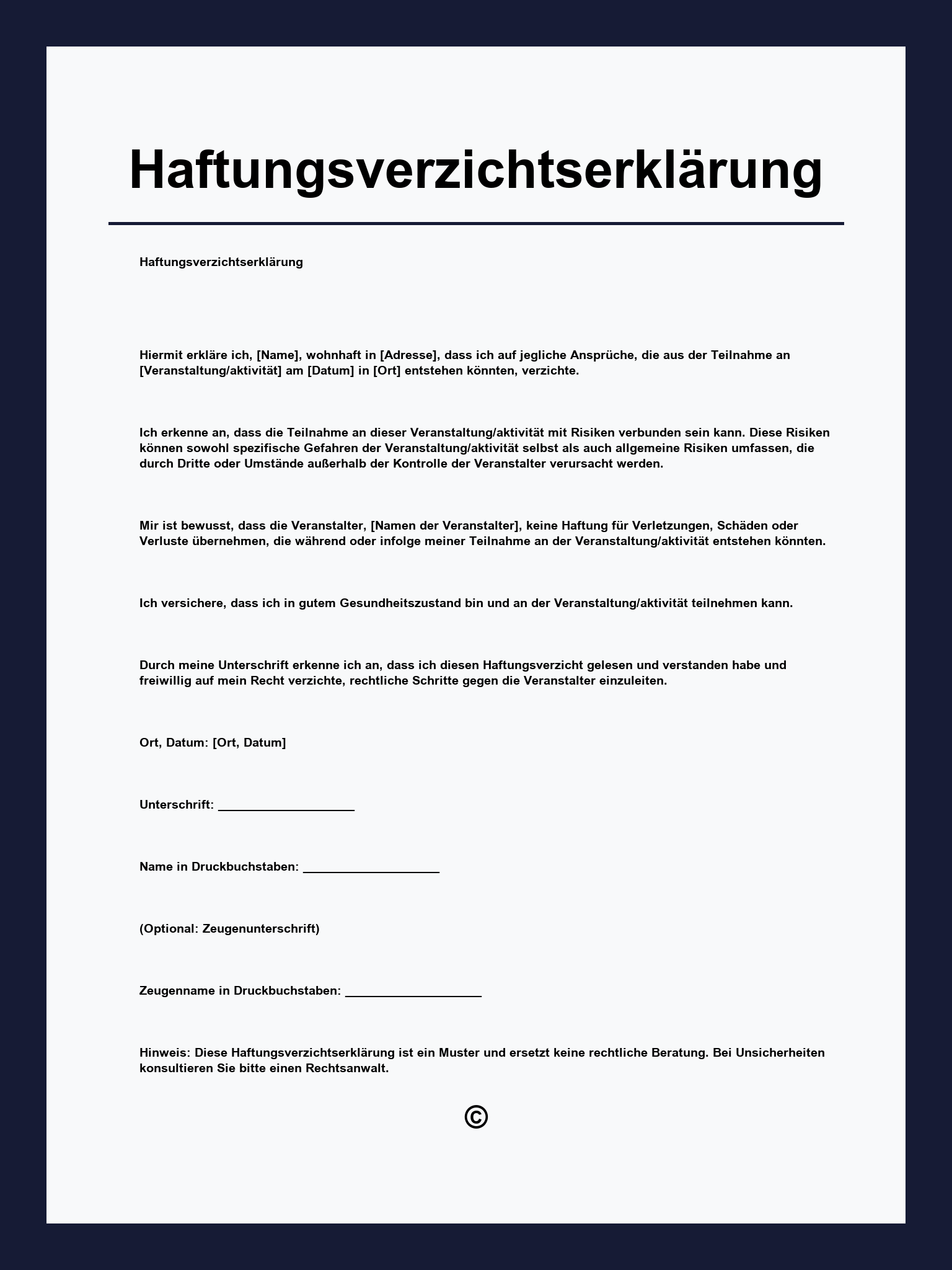 Haftungsverzichtserklärung Muster