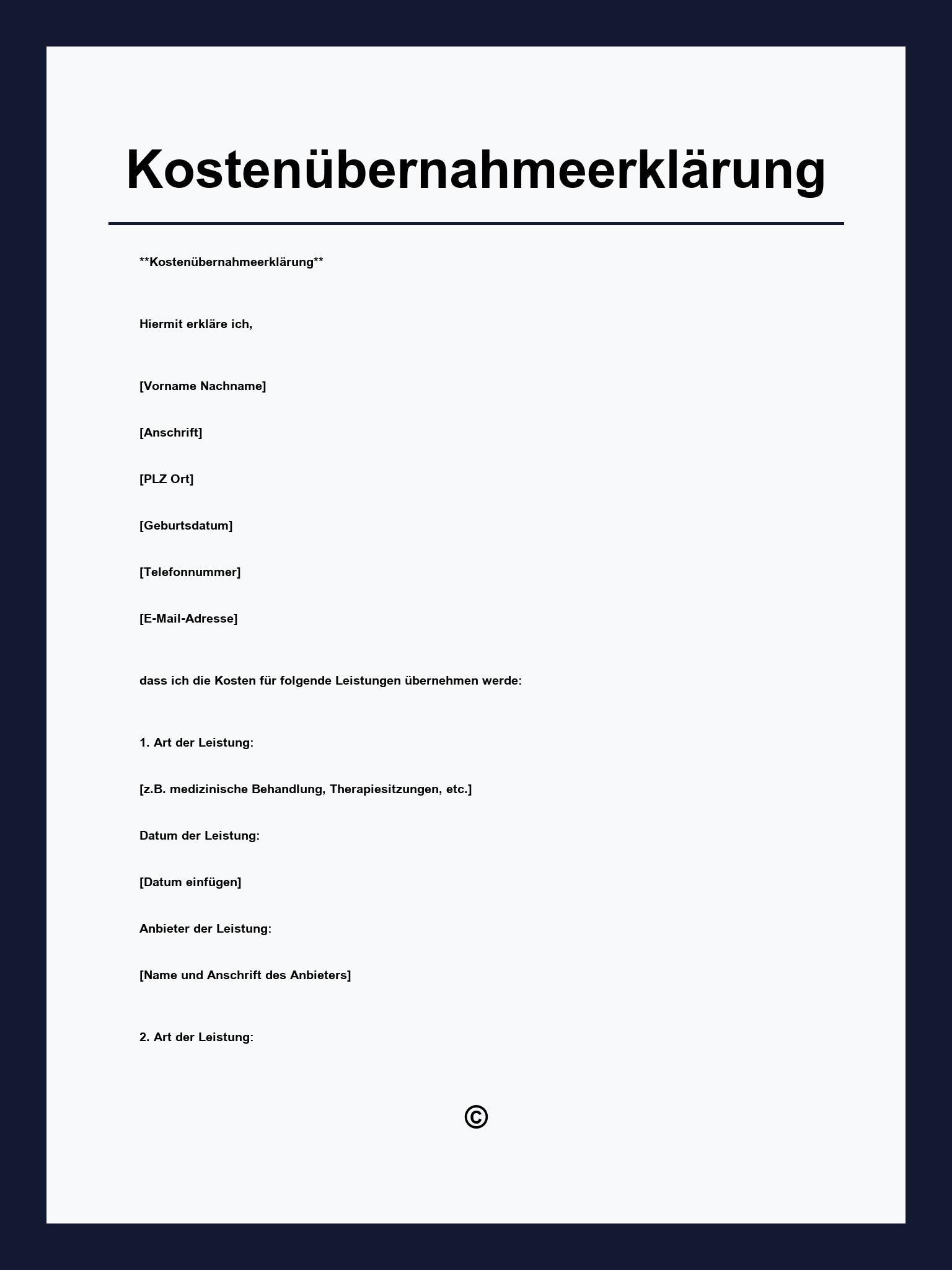 Kostenübernahmeerklärung Vorlage