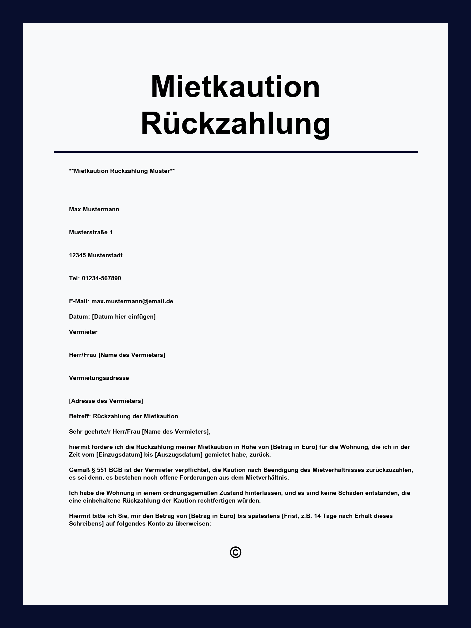 Vordruck Mietkaution Rückzahlung
