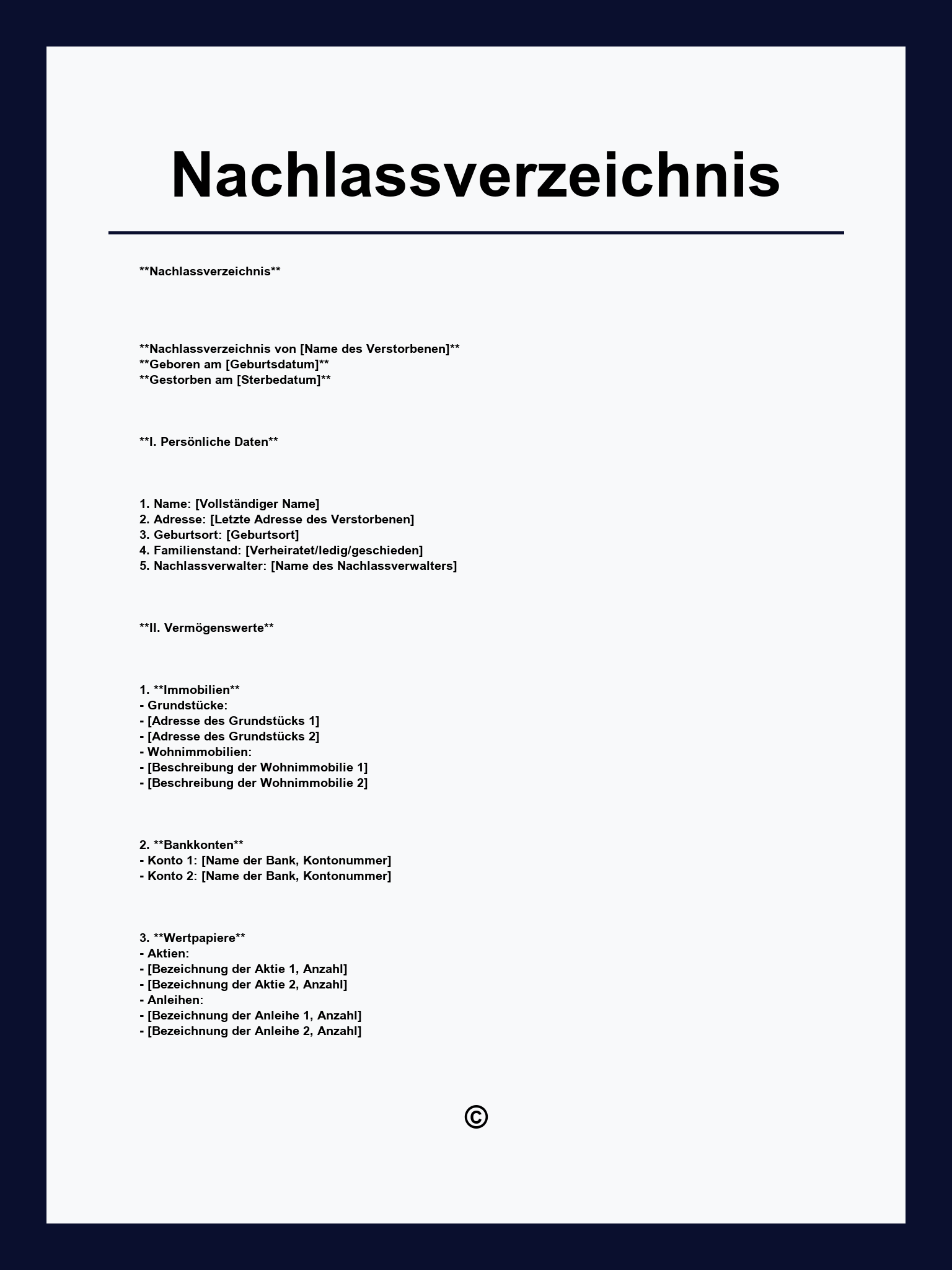 Nachlassverzeichnis Muster
