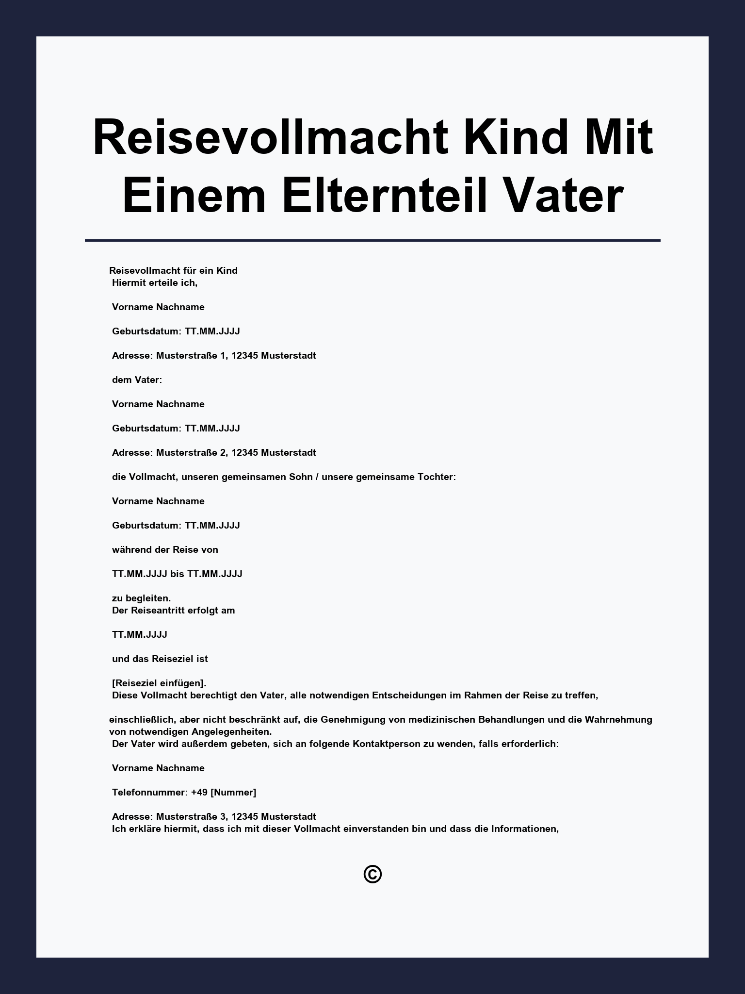 Reisevollmacht Kind Mit Einem Elternteil Vorlage Vater