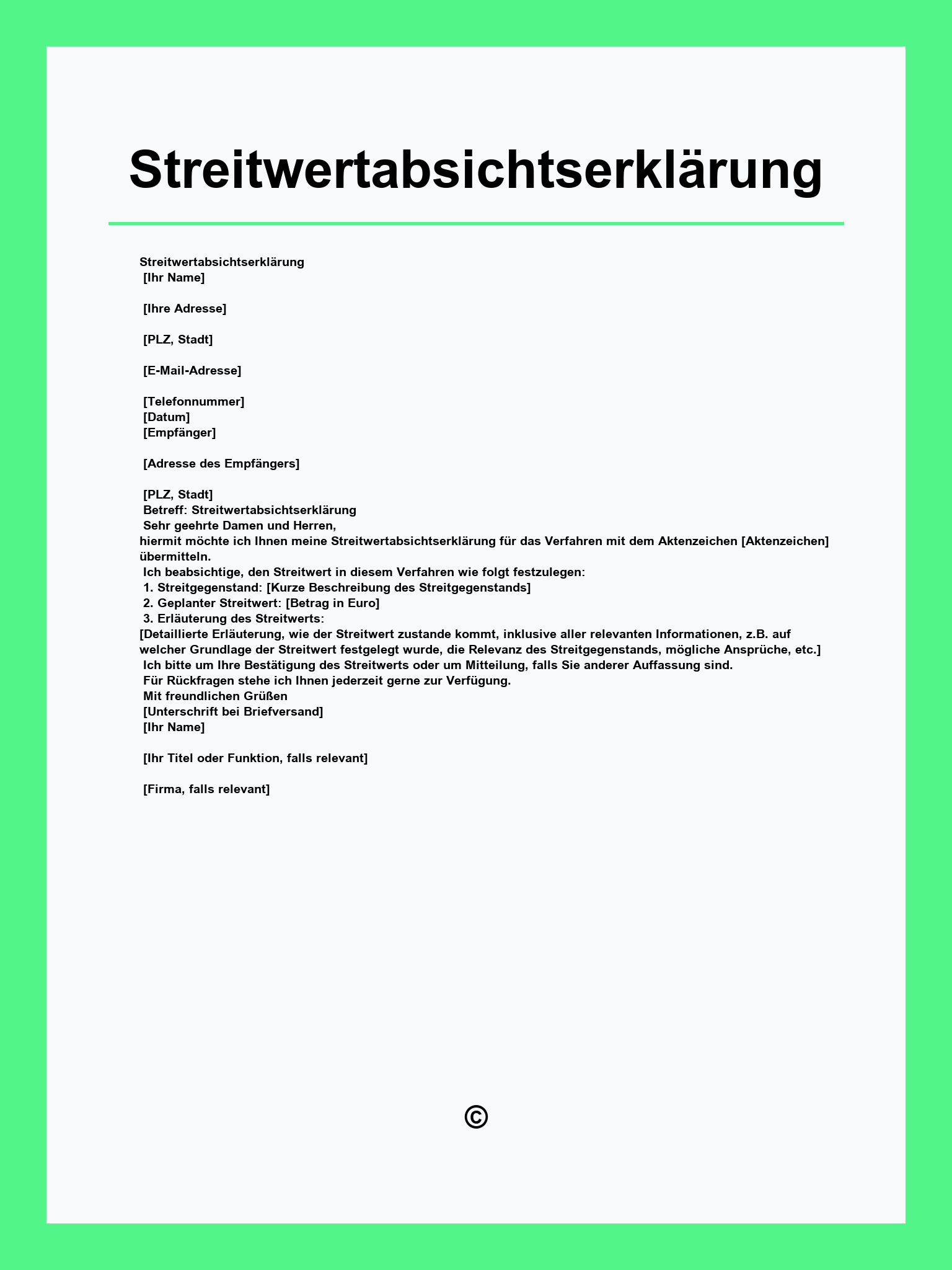 Streitwertabsichtserklärung