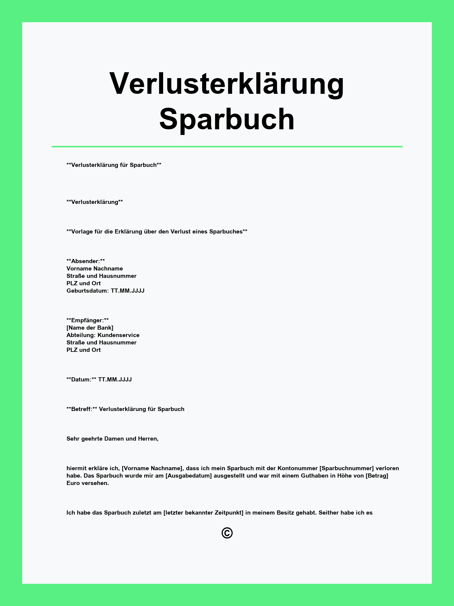 Verlusterklärung Sparbuch Muster
