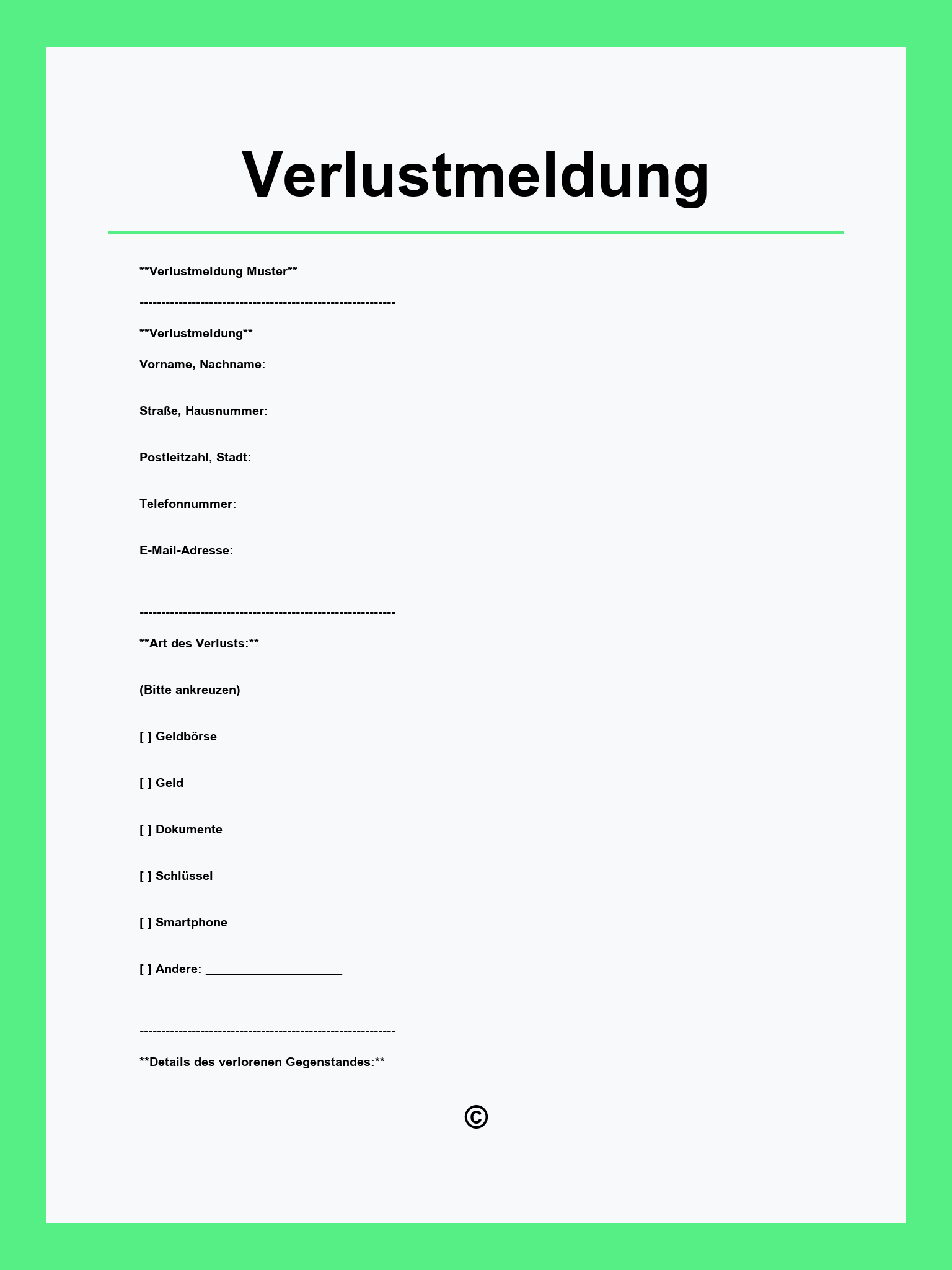Verlustmeldung Vorlage