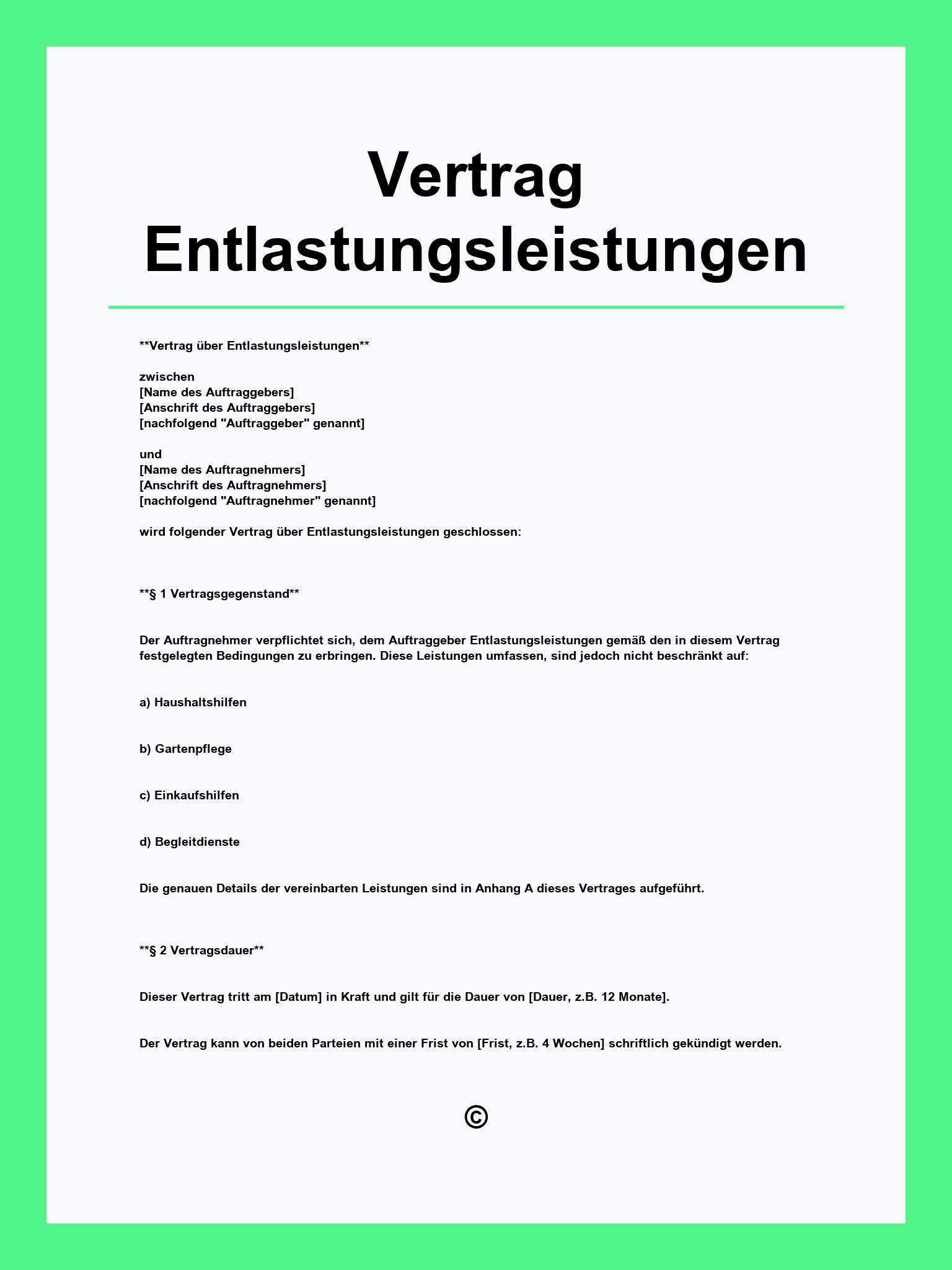 Vertrag Entlastungsleistungen Muster