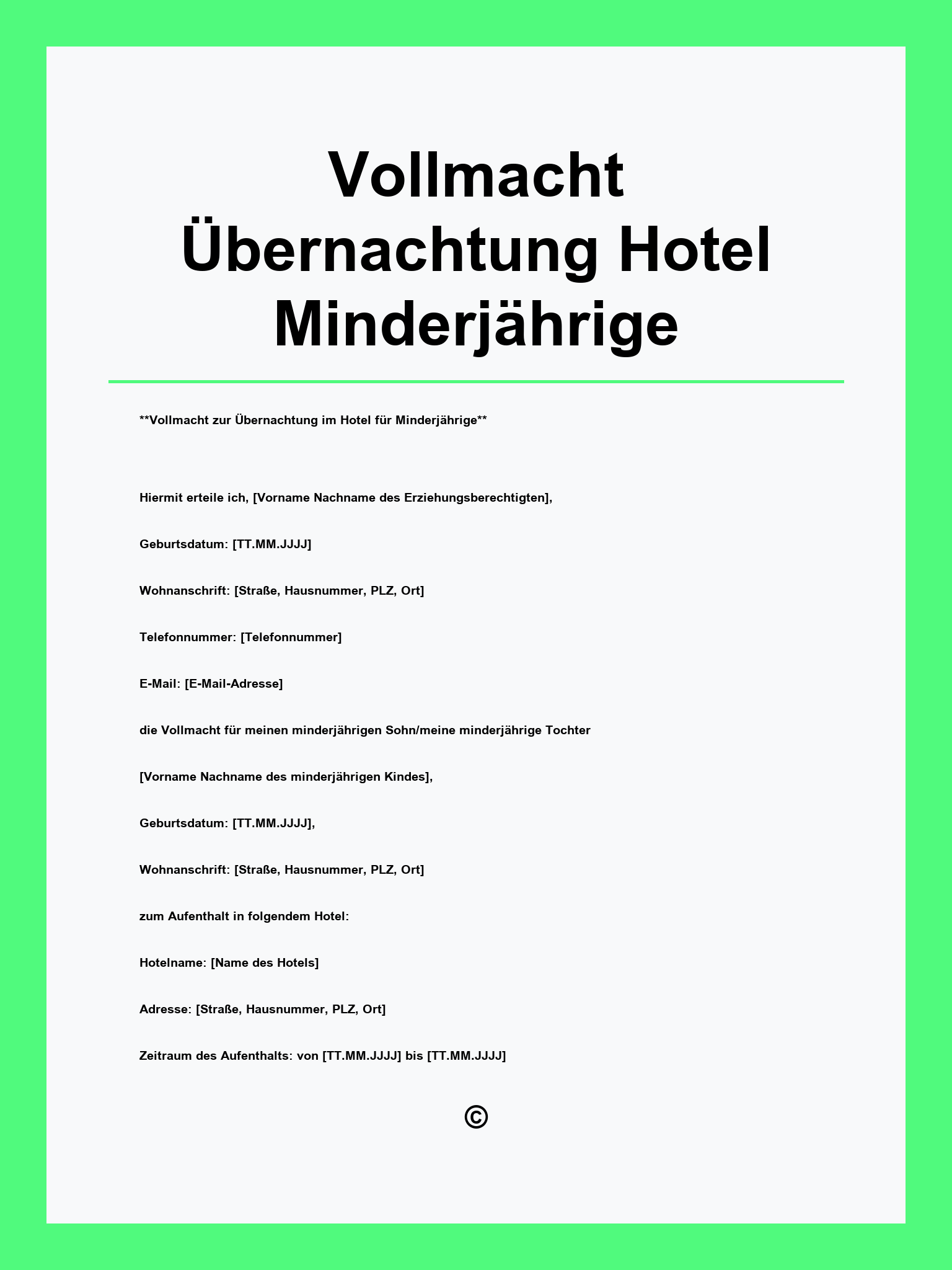 Vollmacht Übernachtung Hotel Minderjährige