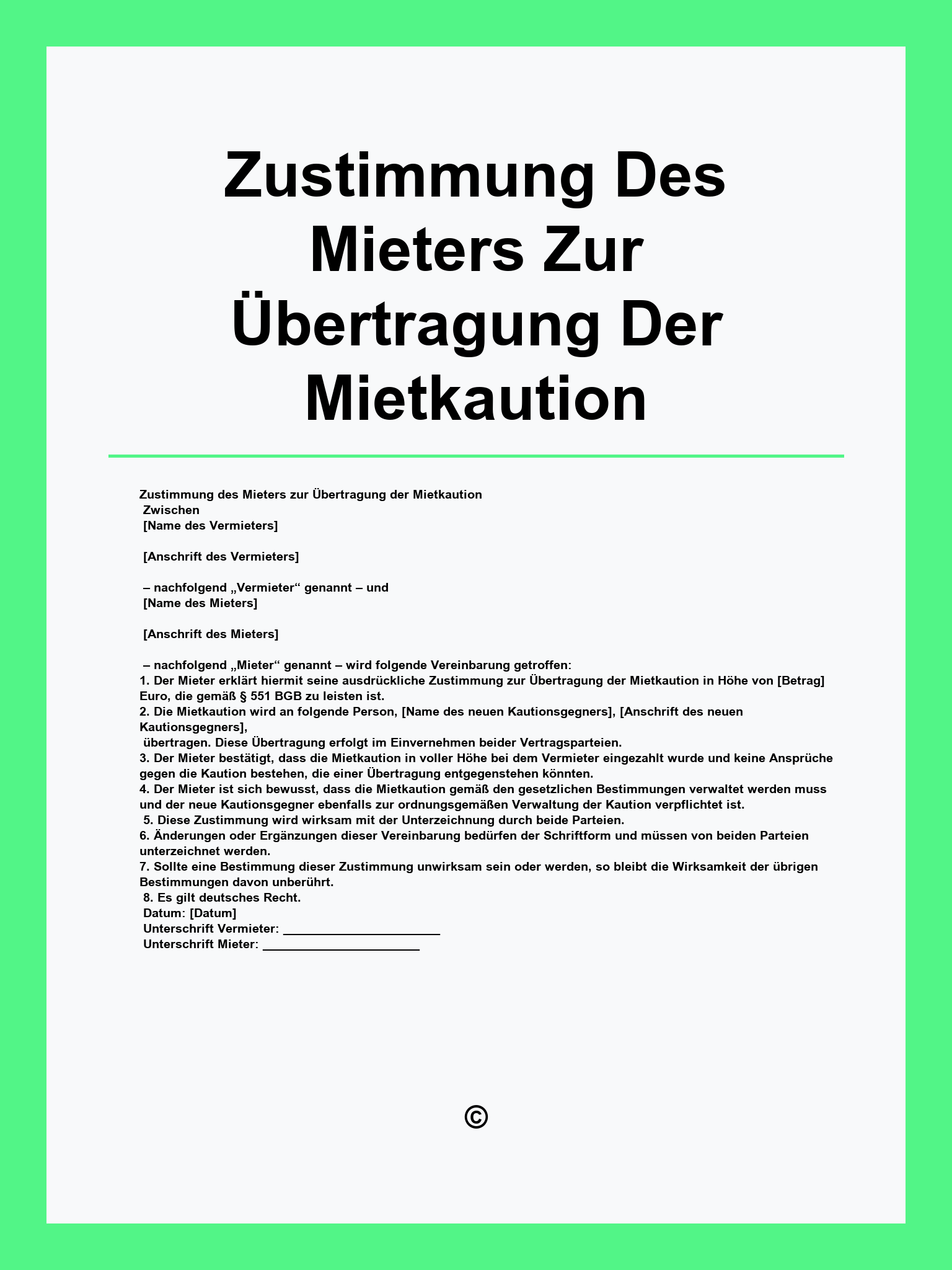 Zustimmung Des Mieters Zur Übertragung Der Mietkaution Vorlage